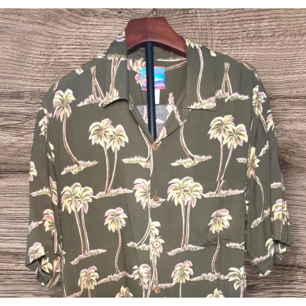 Mens Hawaiian Shirt Palm Tree Print Green Short Sleeve Button-Up Resort Vacation